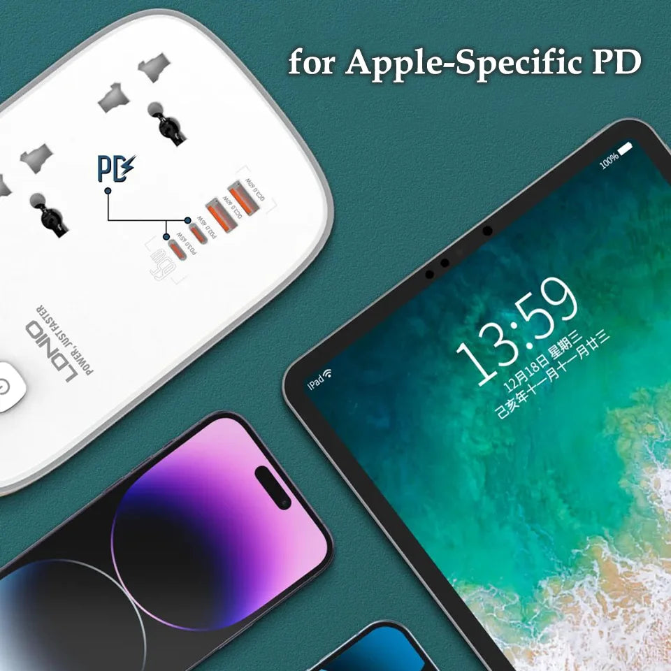 LDNIO Universal Power Strip with 65W GaN USB Charer 3250W Extension Cable Network Filter Surge Protector  EU/US/UK Plug Socket