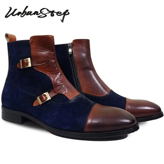 Big Big Big SALES IS ON NOW LUXURY MEN'S BOOTS HIGH ZIPPER ANKLE BOOTS STRAP BCKLE CASUAL MENS DRESS SHOES BLUE MIX BROWN GENUINE LEATHER BOOTS MEN