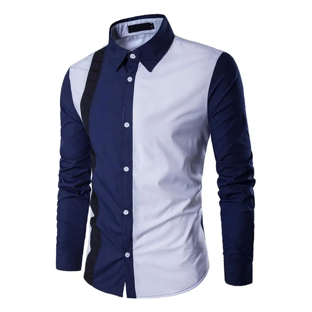 Men Shirt Color Block Splicing Streetwear Buttoned Korean Style Social Shirt for Office Men's Classic Long Sleeve Shirts
