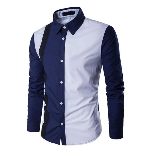 Men Shirt Color Block Splicing Streetwear Buttoned Korean Style Social Shirt for Office Men's Classic Long Sleeve Shirts