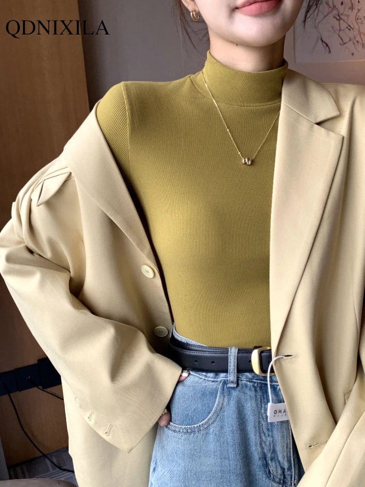 2024 New Knitted Half-turtleneck Pullovers Women Bottom Shirts Sweater Jumper Elegant USA and Canadian Fashion Long-sleeved Tops Knitwear