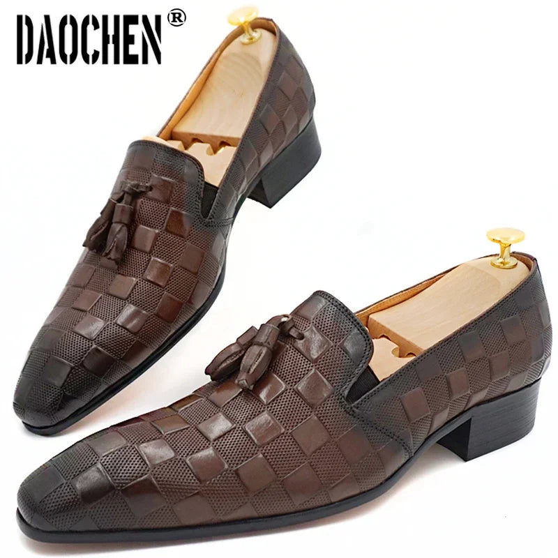 Italian Men Loafers Shoes Black Brown Mens Dress Casual Shoes Plaid Prints Slip On Wedding Office Leather Shoes For Men