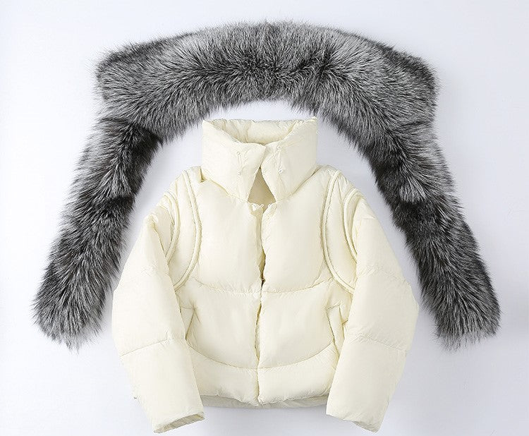 NEW 2024 2025 Women Coat White Duck Down Jacket Super Large Real Silver Fox Fur Collar Hooded New Fashion Outerwear Puffer Jacket New