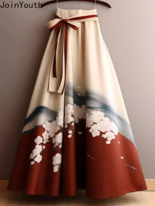Vintage Skirts for Women 2024 Faldas Mujer De Moda High Waist A-line Jupe French Style Print Bandage Saia Big Swing Loose Skirt