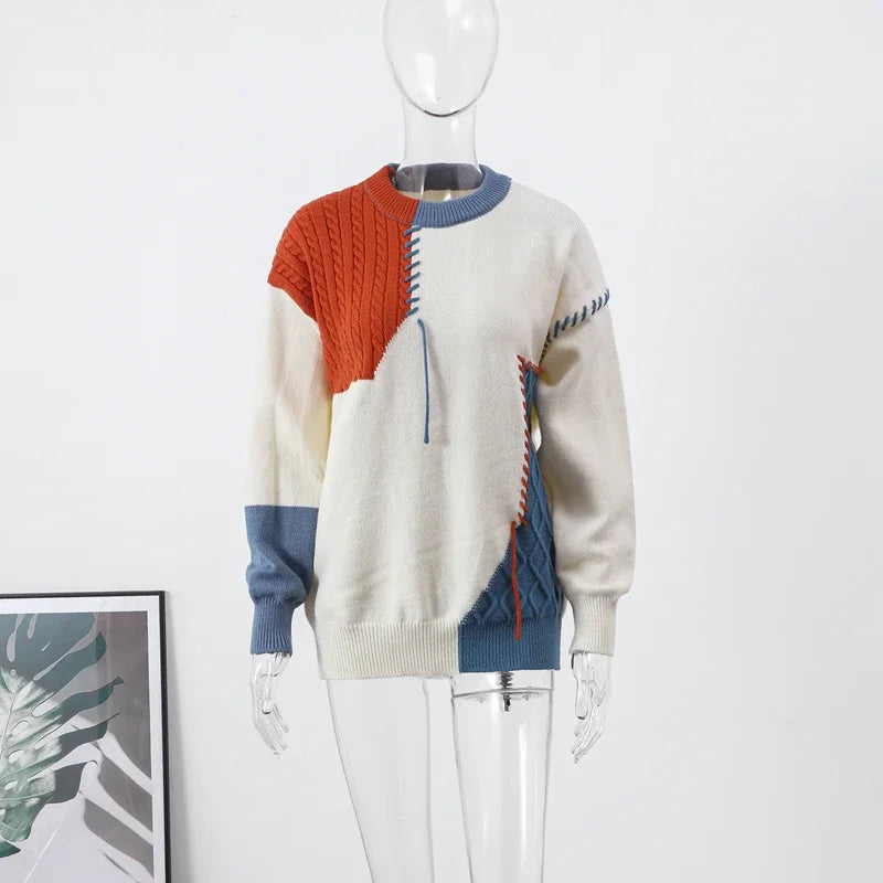 Man Panelled Contrast O neck Sweater 2024-2025 Autumn Winter Vintage Loose Long Sleeves Knitted Pullover Fashion Casual Male Jumper