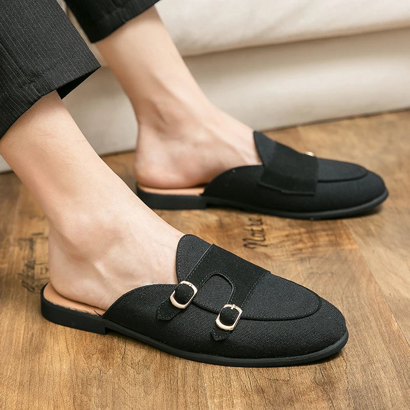 NEW 2025 Suede Leather Shoes Men's Casual Luxury Brand Handmade Muller Loafers Men Slip-On Flats Driving Dress Shoes Half Slippers 38-48