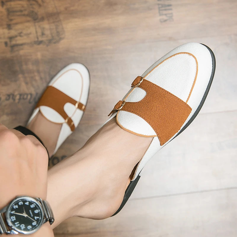 NEW 2025 Suede Leather Shoes Men's Casual Luxury Brand Handmade Muller Loafers Men Slip-On Flats Driving Dress Shoes Half Slippers 38-48