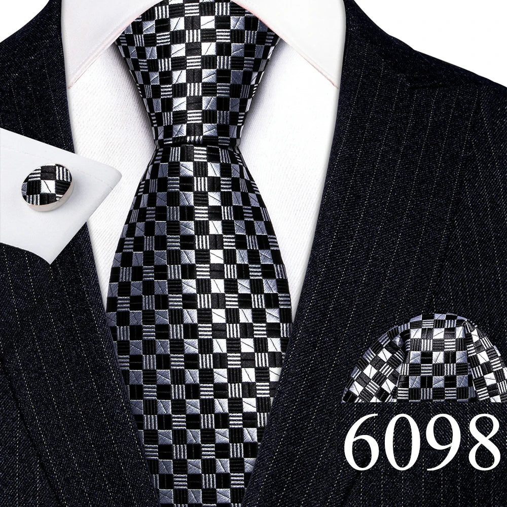 Fashion Mens Ties Set Silk Gray Black Silver White Striped Plaid Solid Paisley Floral Neck Tie Hankderchief Cufflinks Barry·Wang