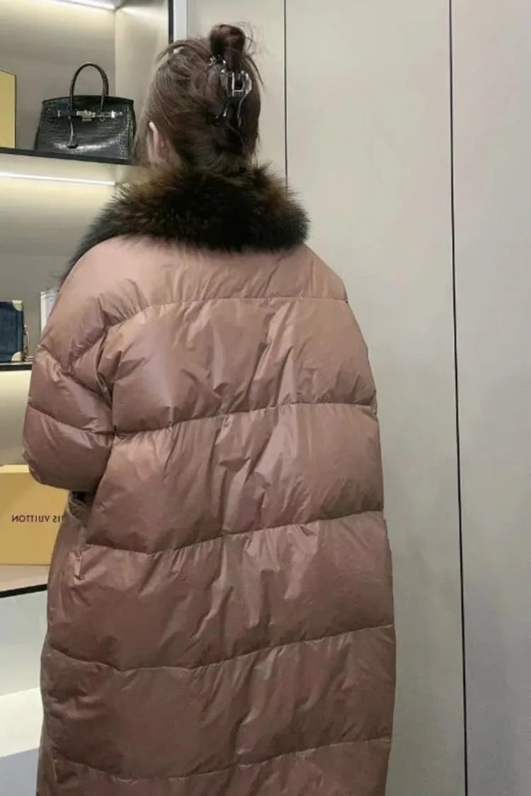 2024 - 2025  New Natural Real Fox Fur Long White Duck Down Jacket Winter Women Warm Loose Coat Thick Outerwear Streetwear