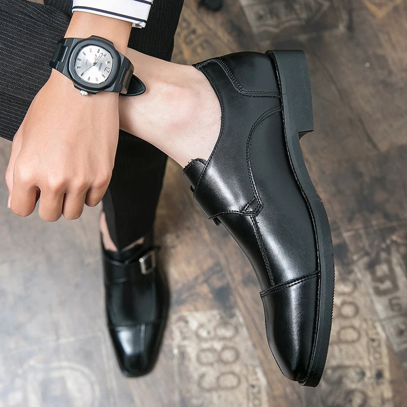 Brand new 2024-2025 Classic Monk Leather Man Shoes Color Block Round-Toe Buckle Business Dress Leather Shoes Man Casual Wedding Party Shoes For Man