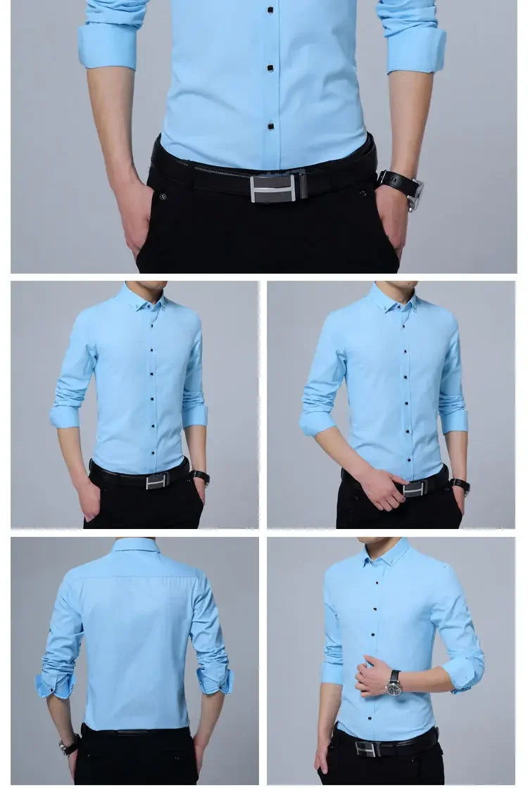 Summer Business Slim Fit White Shirt for Men - British Casual Tooling Style with Three Buttons Men's Long Sleeve Shirts
