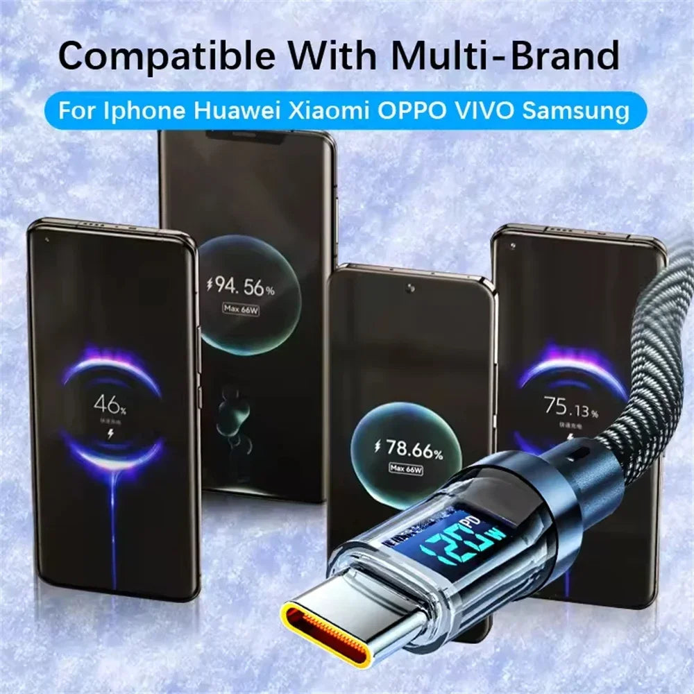 1PCS 120W Type C to Type C Super Fast Charging Cable for Phone with LED Display USB Data Cable to Type C for huawei oppo vivo