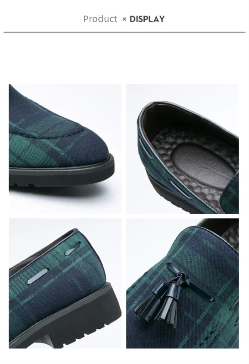 Our 2025 New Loafers Men Shoes Canvas Green Plaid Fashion Business Casual Wedding Party Classic Fringe Retro Gentleman Dress Shoes