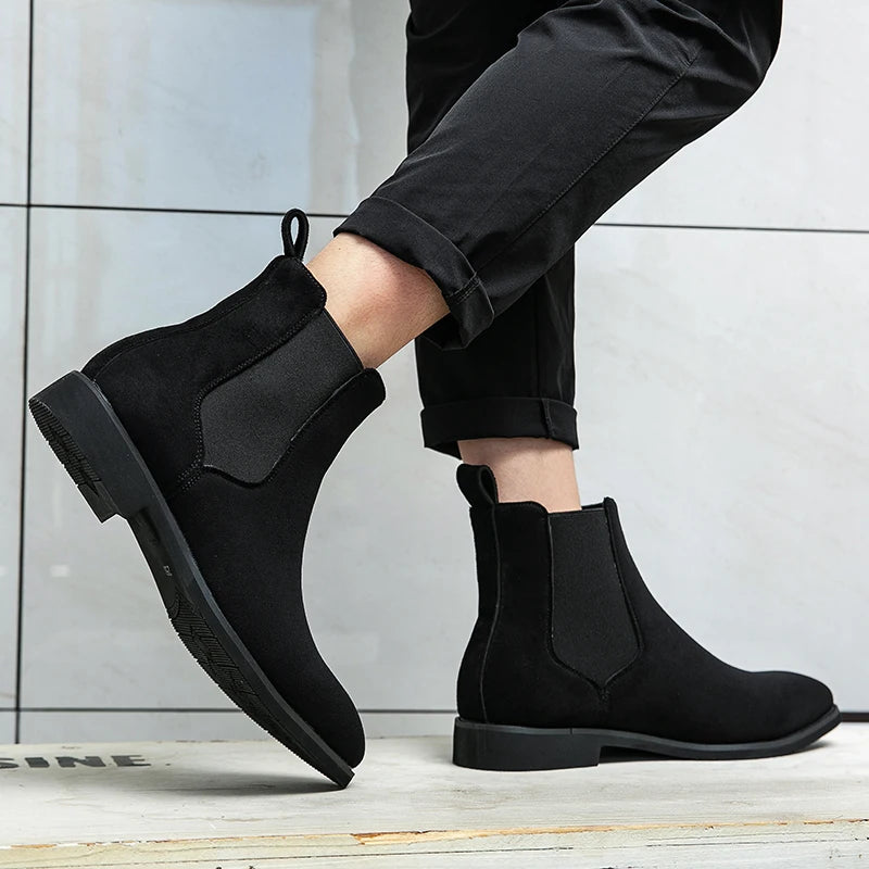 Trendy Brand 2025  British Style Men Boots High Top Slip On Suede Leather Ankle Boots Spring Autumn New Chelsea Boots Men Casual Shoes