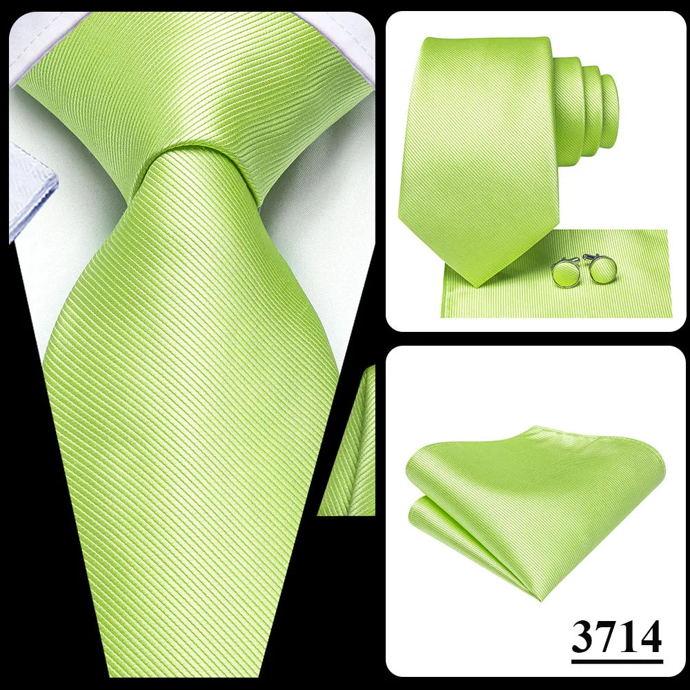 Hi-Tie Solid Green Orange Mens Fashion Necktie Handkerchief Cufflinks for Tuxedo Accessory Classic Silk Luxury Tie for Man Gift