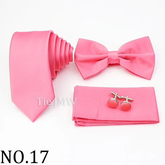 Hot Sale Pink Purple Sage Green Tie Set Polyester Necktie Bowtie Cufflink Brooch For Groom Suit Wedding Cravat Shirt Accessory