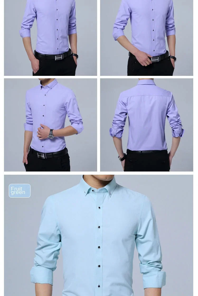 Summer Business Slim Fit White Shirt for Men - British Casual Tooling Style with Three Buttons Men's Long Sleeve Shirts