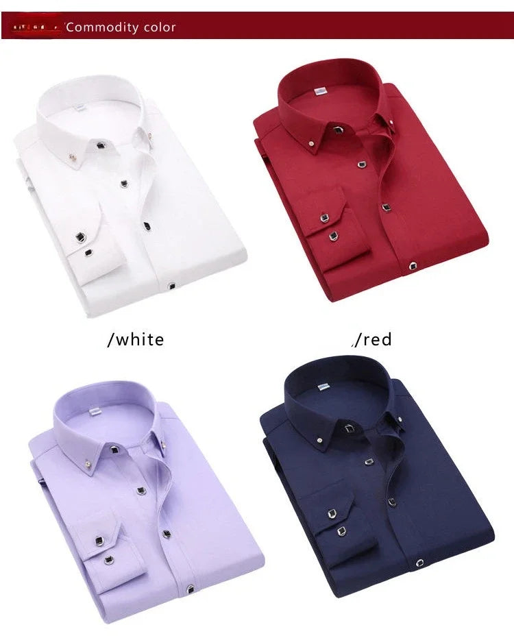 Summer Business Slim Fit White Shirt for Men - British Casual Tooling Style with Three Buttons Men's Long Sleeve Shirts