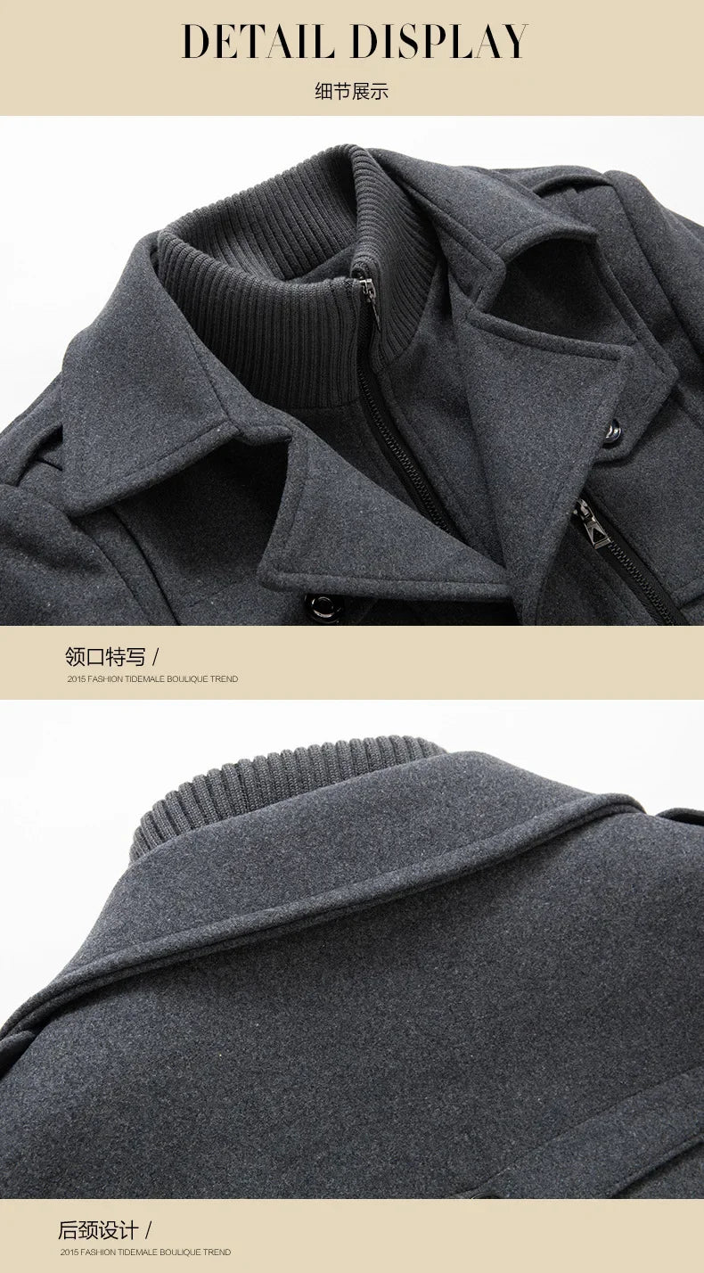 New Collection 2024-2025 Winter Mens Woollen Jacket High-quality Business Casual Jackets Male Long Style Stand Collar Solid Color Thicken Warm Wool Coats
