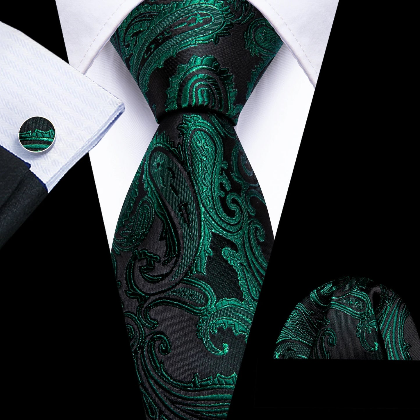 Fashion Silk Men Tie Green Teal Blue Solid Paisley Striped Plaid Floral Animal Necktie Handkerchief Cufflinks Set Barry. For Wedding