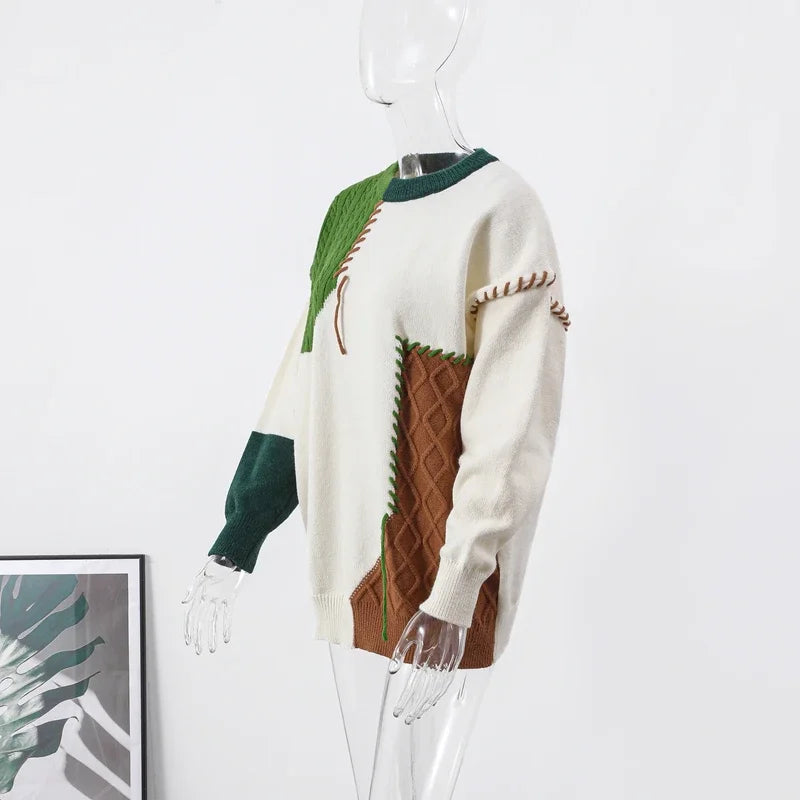 Man Panelled Contrast O neck Sweater 2024-2025 Autumn Winter Vintage Loose Long Sleeves Knitted Pullover Fashion Casual Male Jumper