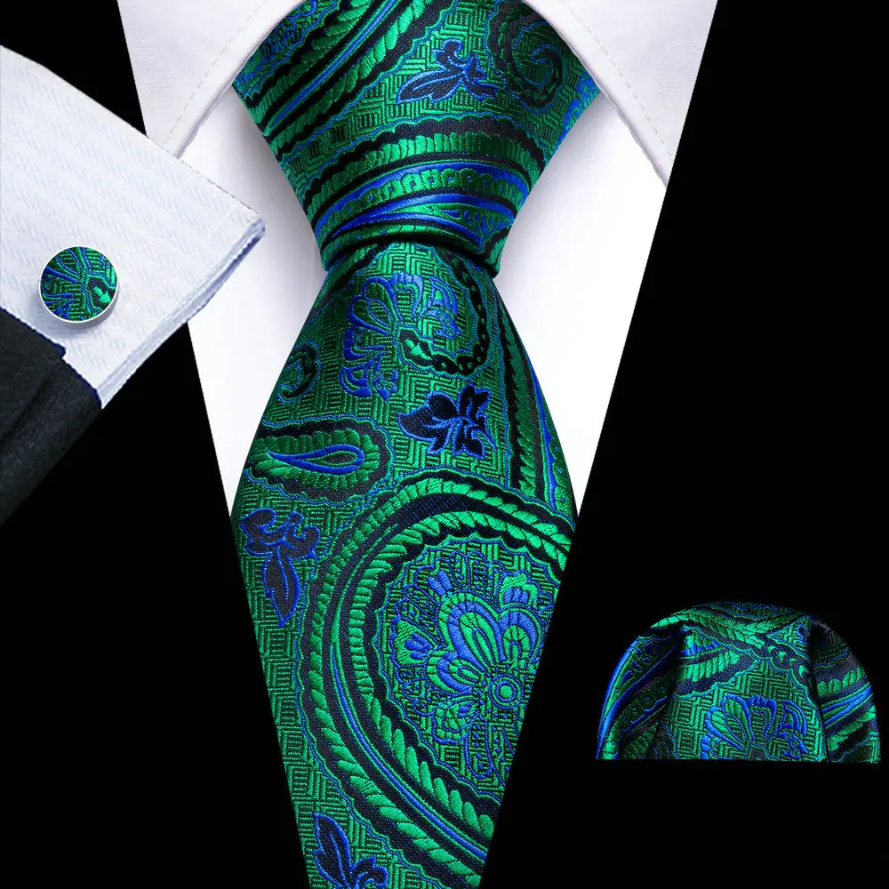 Fashion Silk Men Tie Green Teal Blue Solid Paisley Striped Plaid Floral Animal Necktie Handkerchief Cufflinks Set Barry. For Wedding