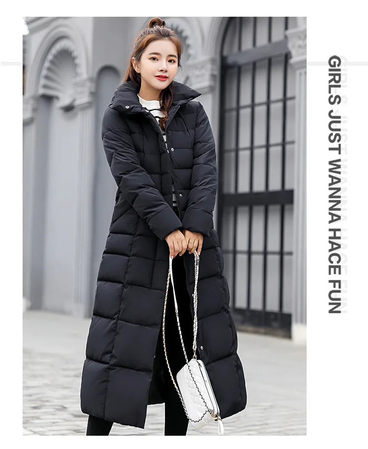 New 2024 - 2025 X-Long Down Jacket Women Casual Thick Warm Padded Coat Winter Loose Solid Hooded Parkas Lady Korean Fashion Solid Long Overcoa