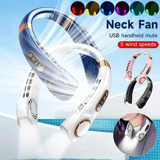 2024 New Portable Bladeless Hanging Neck Fan,LED Digital Power Supply, Ice Ceramic Induction Cooling, Colorful Atmosphere Light