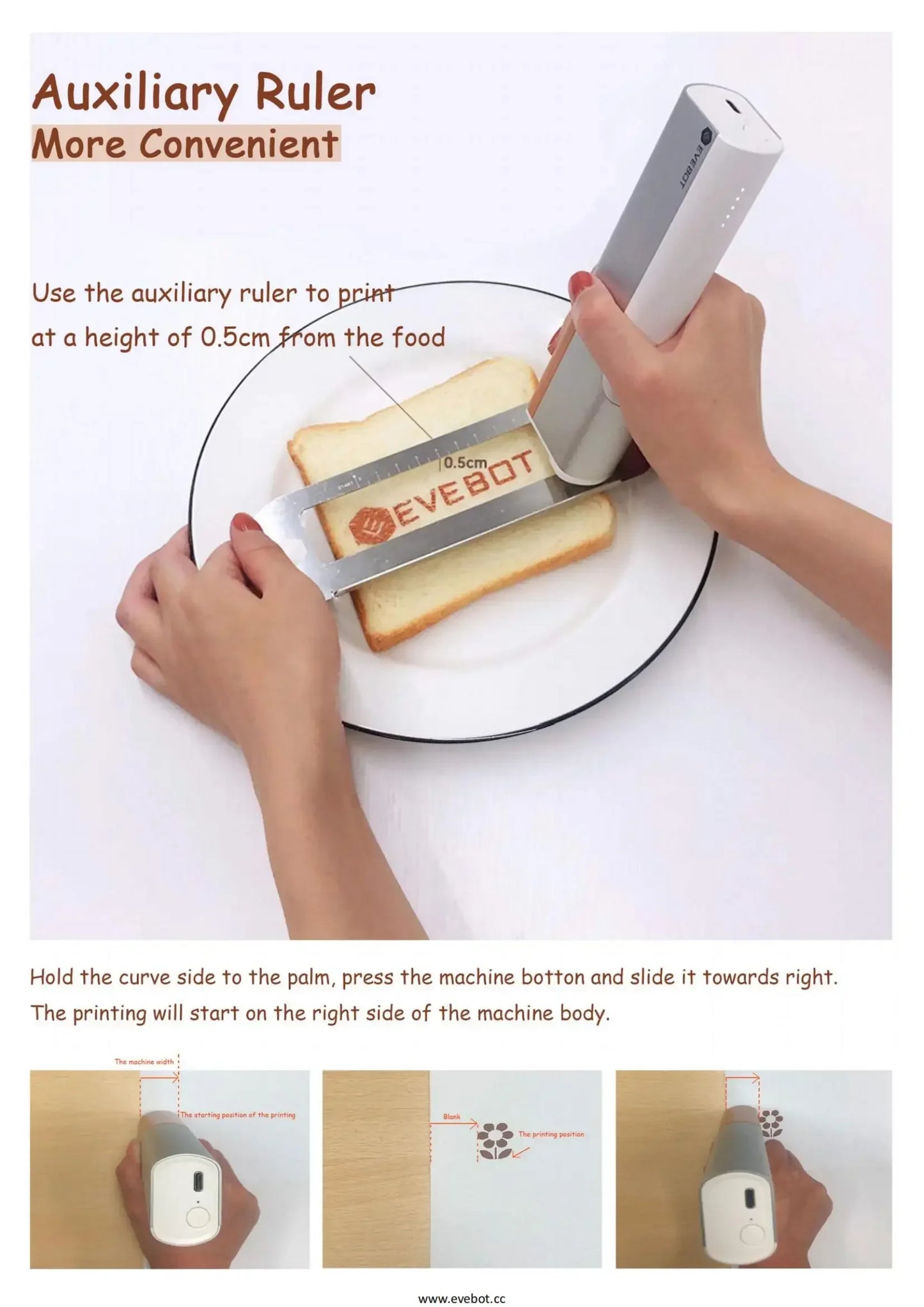 EVEBOT Food Inkjet Printer Handheld DIY Printpen With Auxiliary Ruler Print Size 26*1000 MM Custom Printing for Cafes Bakeries