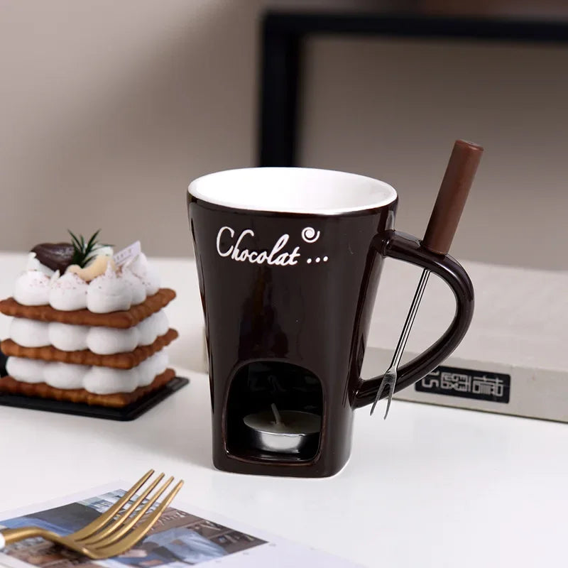 Ceramic Chocolate Cup European Candle Cup Cheese Chocolate Melting Ceramic Mug Heating Food Ceramic Mugwith Fork Creative Mugs
