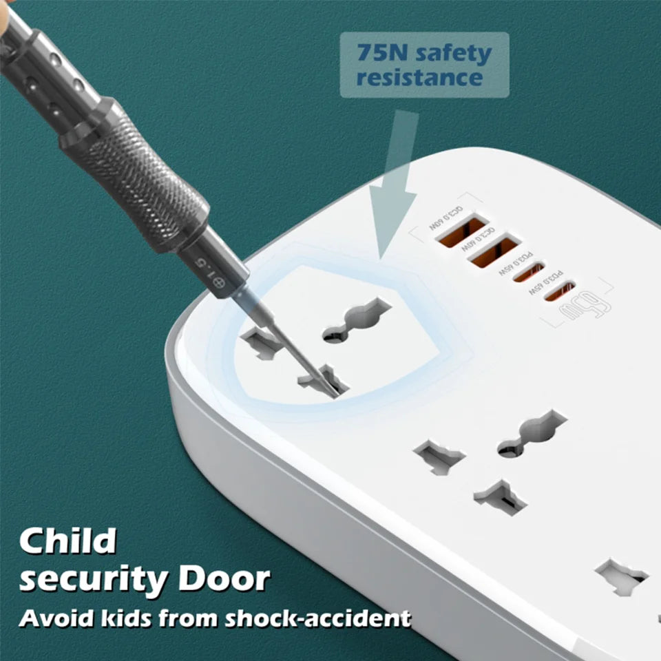 LDNIO Universal Power Strip with 65W GaN USB Charer 3250W Extension Cable Network Filter Surge Protector  EU/US/UK Plug Socket