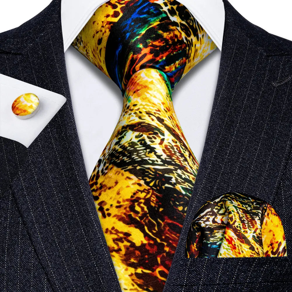 Designer Gold Print Silk Tie For Men 2025-2026 High Quality Pocket Square Cufflinks Sets Party Birthday Gifts Necktie Barry 5281