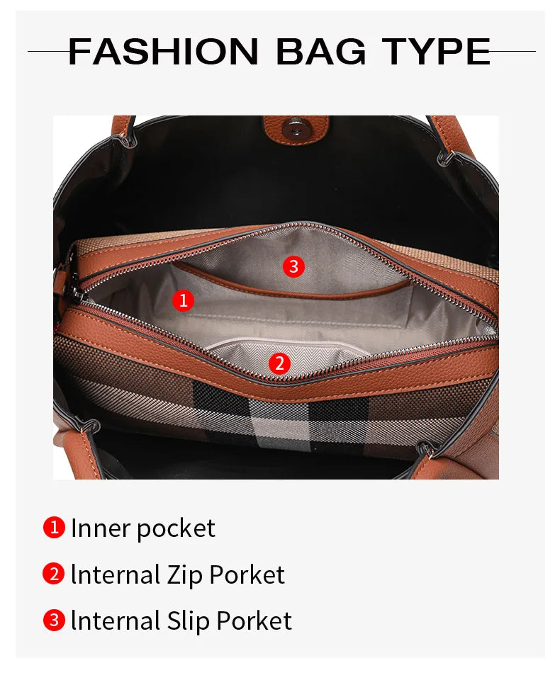 NEW 2024-2025 New Retro Checkered Women's Handbag Fashionable and Advanced Large Capacity Canvas with Cowhide Mother and Child Bag