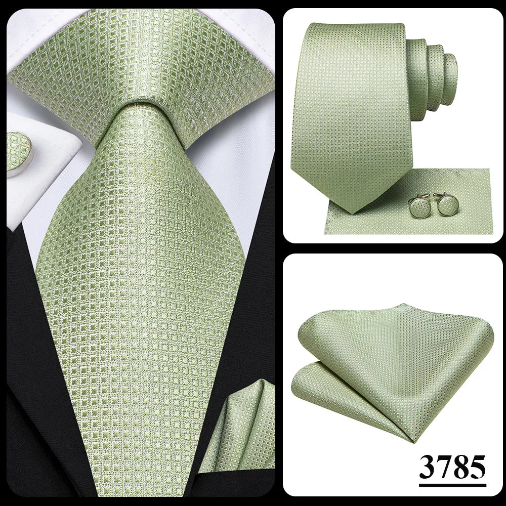 Hi-Tie Solid Green Orange Mens Fashion Necktie Handkerchief Cufflinks for Tuxedo Accessory Classic Silk Luxury Tie for Man Gift