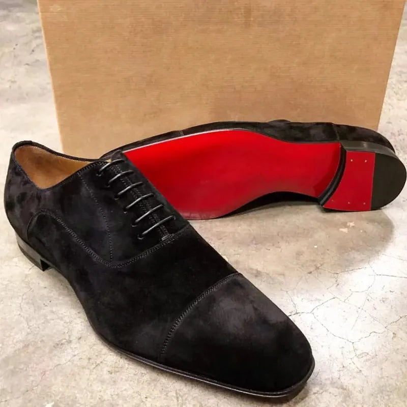 Brand New 2024-2025  Red Sole Men Shoes Black Flock Derby Shoes Breathable Lace-up Handmade Men Shoes Free Shipping Chaussures Pour Hommes
