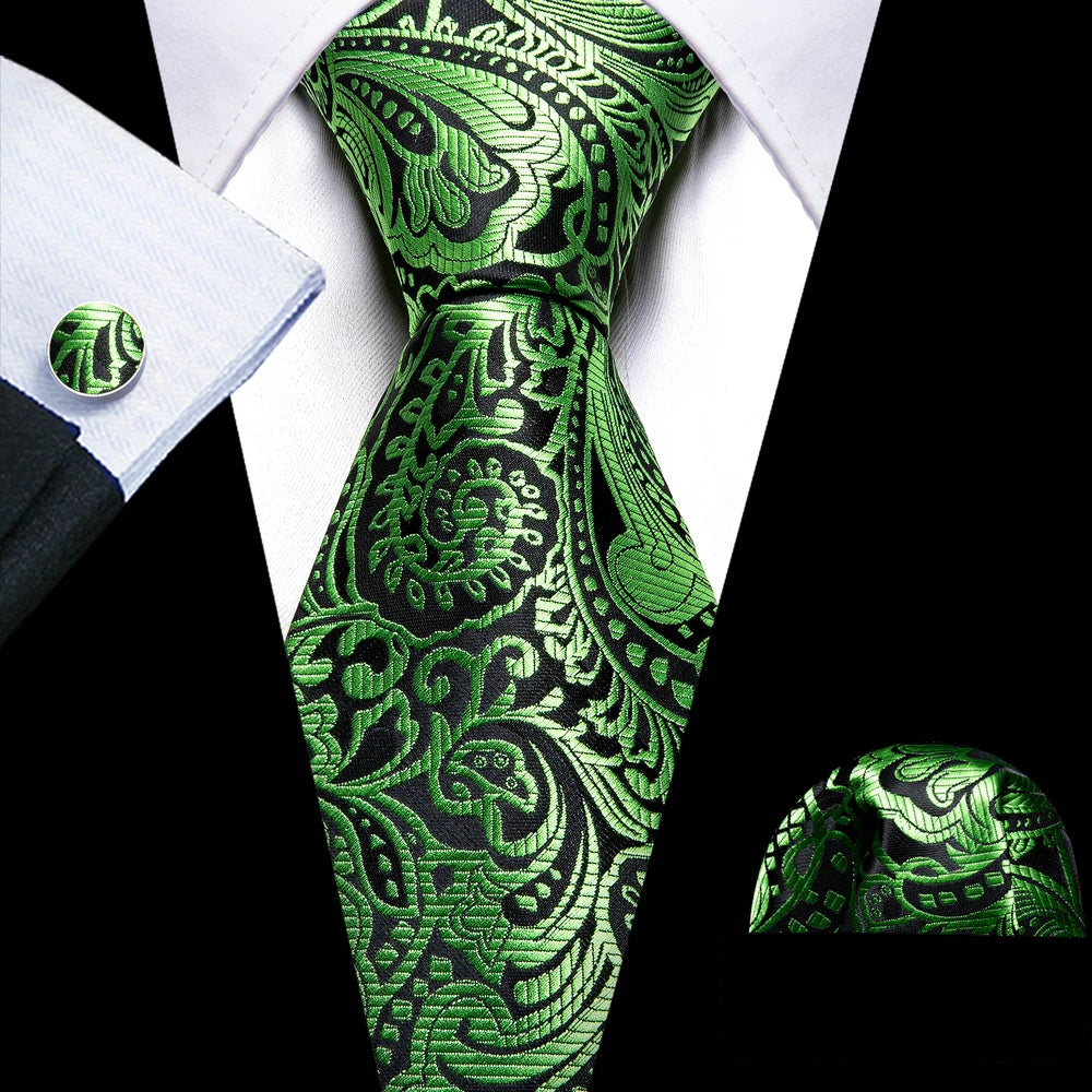 Fashion Silk Men Tie Green Teal Blue Solid Paisley Striped Plaid Floral Animal Necktie Handkerchief Cufflinks Set Barry. For Wedding