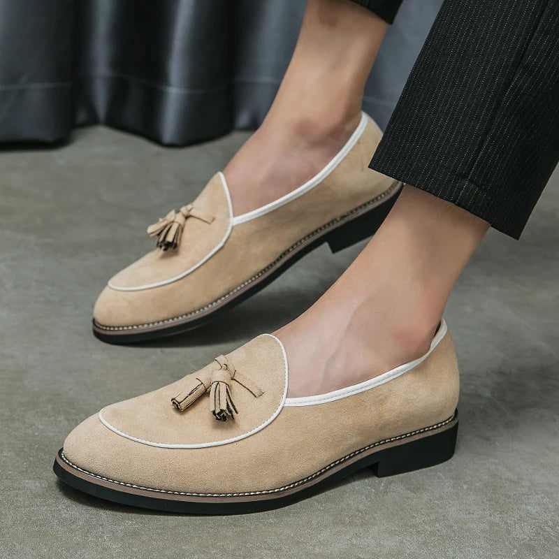 Italian Luxury Brand Suede Men's Tassel Design Loafers Slip-on Handmade High Quality Nubuck Leather Shoes Pointed Toe Thick Sole