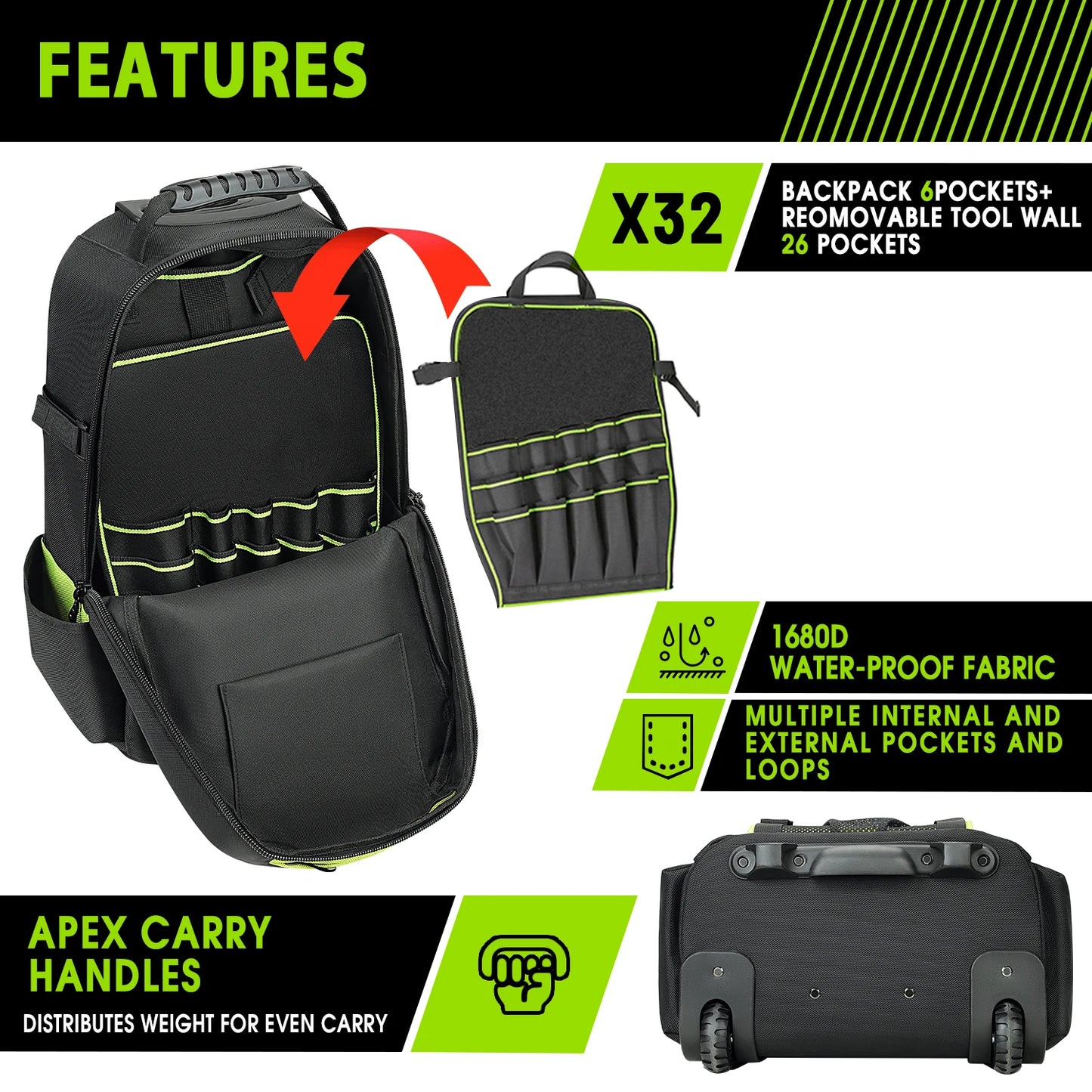Tool Bag on Wheels Men's Trolley Tool Backpack Large Capacity Tool Bags For Electrician
