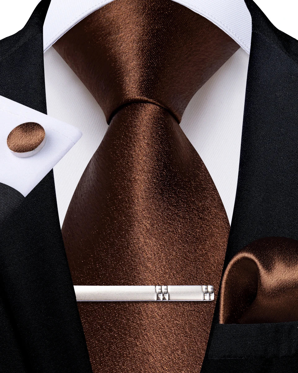 4Pcs Solid Green Brown Black Blue Red Satin 8cm Men Tie Set Handkerchief Cufflinks Wedding Party Accessories Gift for Husband