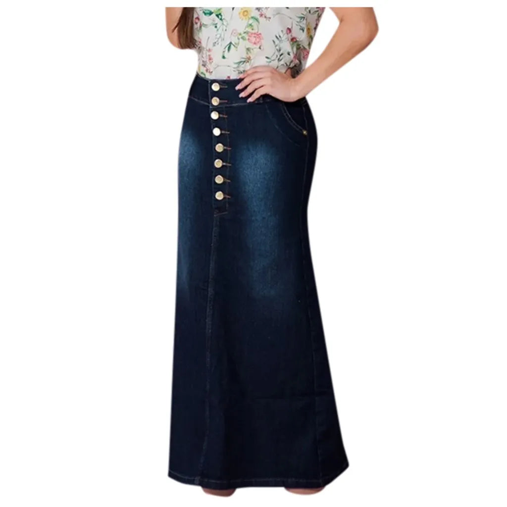 Front Button Washed Denim A-line Skirts For Teen Girls High Waisted Long Jean Skirt For Women Midi Length Faldas Mujer Moda 2023