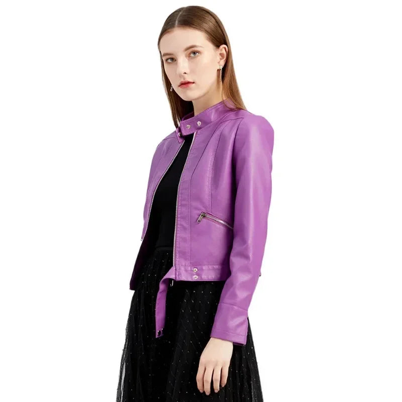 Spring Autumn Stand Collar Ladies Thin Leather Outerwear 2024 New Style Women's Leather Jacket Short Slim Fit