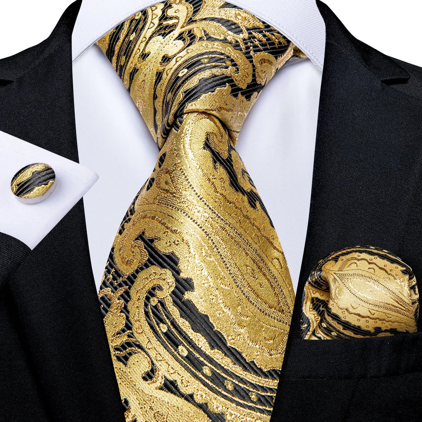 Brand New 2025 Mens Tie 100% Silk Classic Jacquard Woven 8cm Gold Yellow Formal Business Wedding Neck Tie Pocket Square Set Suit Cravat