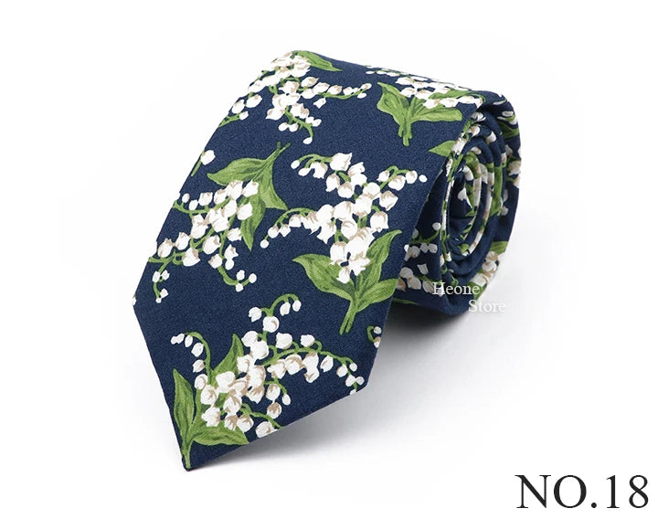New Chic Floral Tie For Men 2025 100% Cotton Beautiful Elegant Flower Necktie White Blue Narrow Skinny Wedding Casual Cravat