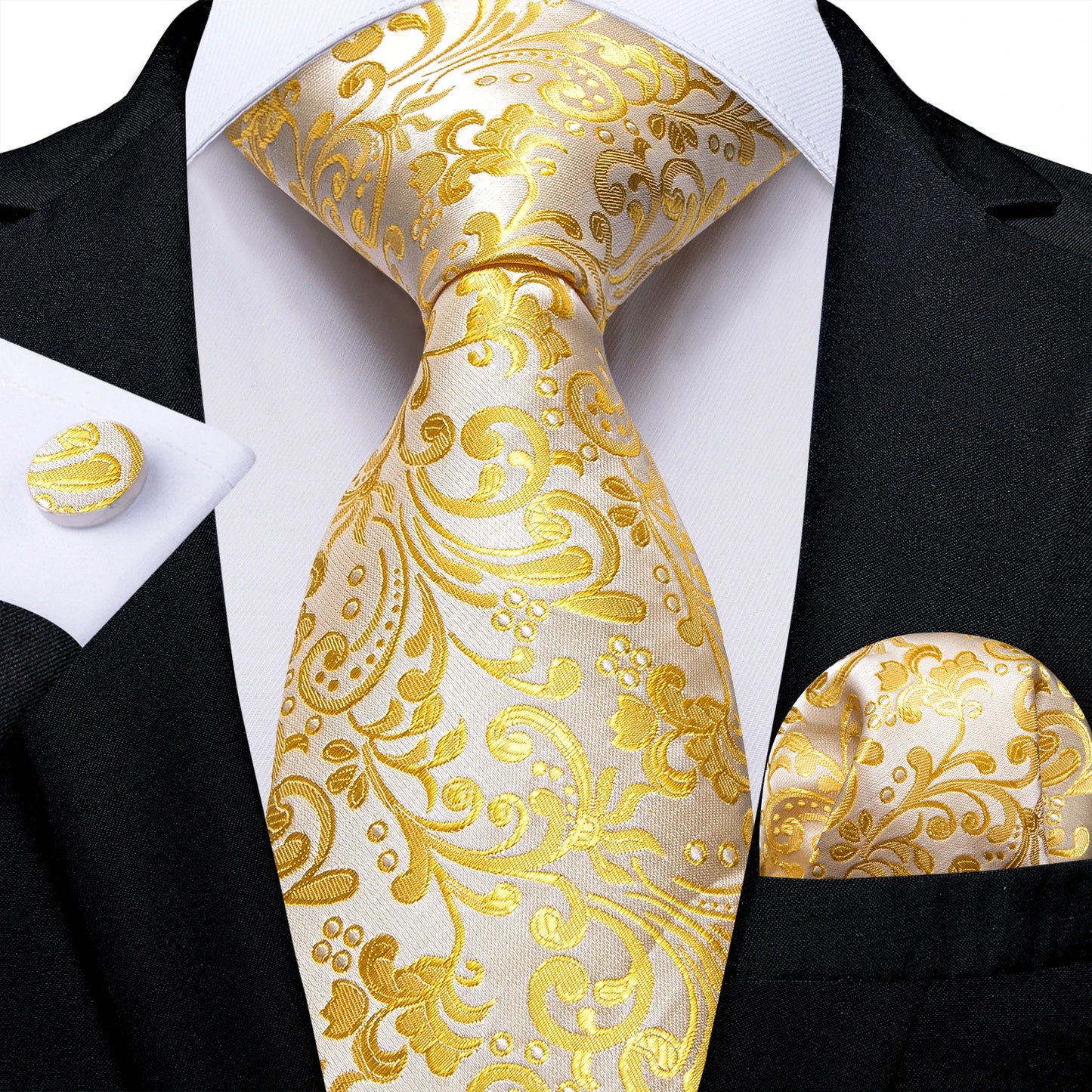 Brand New 2025 Mens Tie 100% Silk Classic Jacquard Woven 8cm Gold Yellow Formal Business Wedding Neck Tie Pocket Square Set Suit Cravat