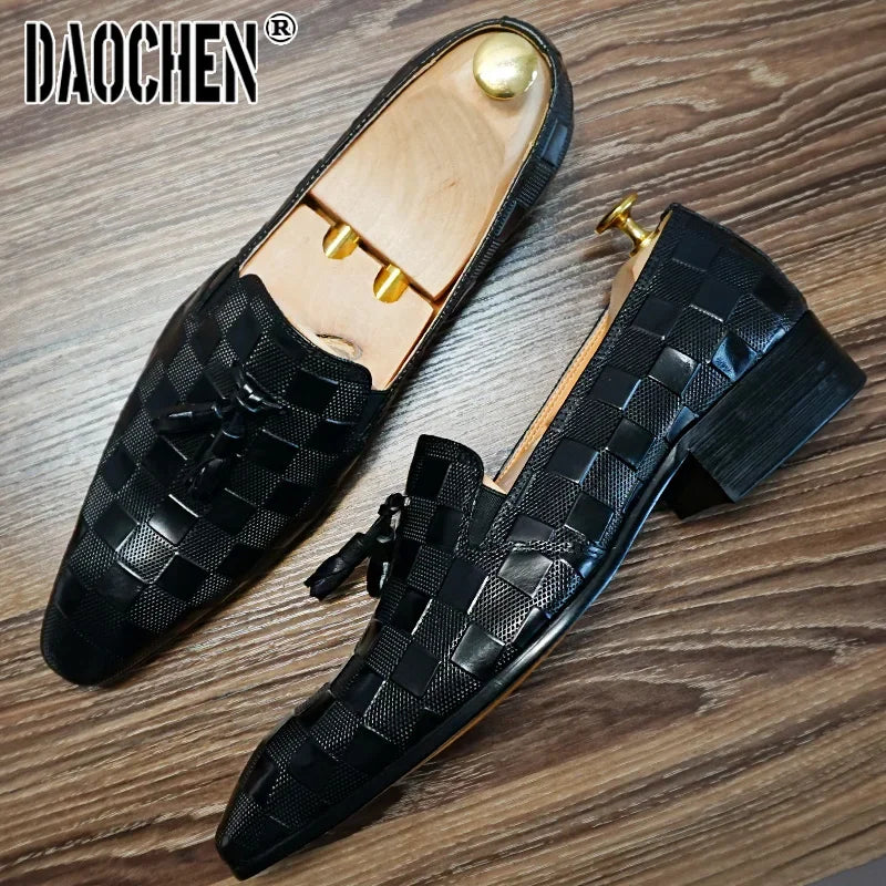 Italian Men Loafers Shoes Black Brown Mens Dress Casual Shoes Plaid Prints Slip On Wedding Office Leather Shoes For Men