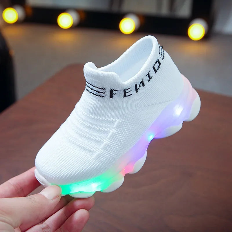 Brand New 2024-2025 Kids Sneakers Children Baby Girls Boys Letter Mesh Led Luminous Socks Sport Run Sneakers Shoes Sapato Infantil Light Up Shoes