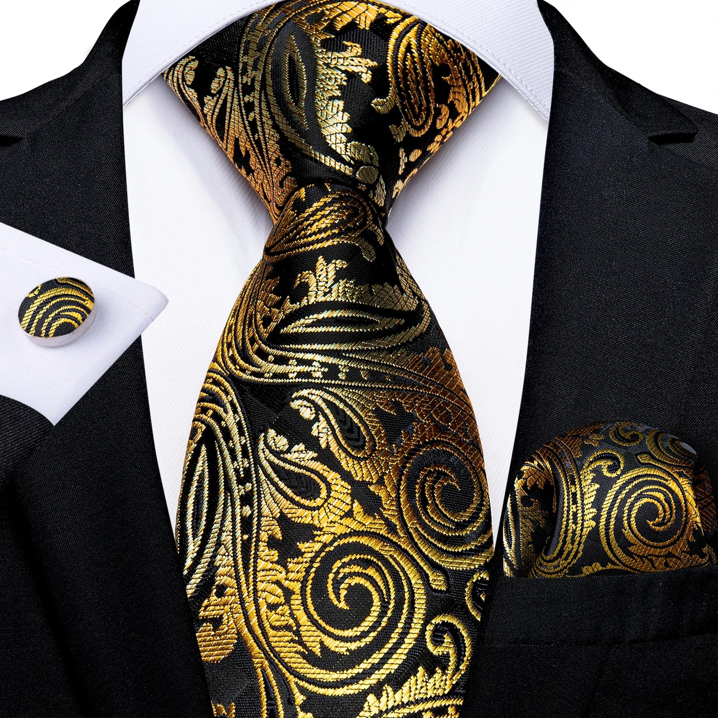 Brand New 2025 Mens Tie 100% Silk Classic Jacquard Woven 8cm Gold Yellow Formal Business Wedding Neck Tie Pocket Square Set Suit Cravat