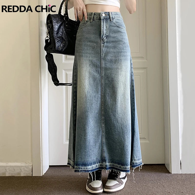 REDDACHiC Y2k Stitch Long Denim Skirt Blue Plain High Waist Midi Maxi Jeans Skirt USA Dongdaemun Women 90s Vintage Streetwear