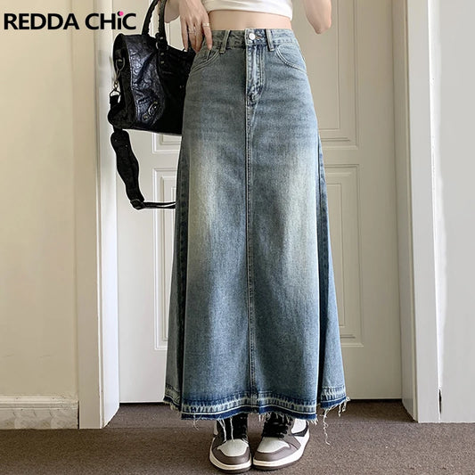REDDACHiC Y2k Stitch Long Denim Skirt Blue Plain High Waist Midi Maxi Jeans Skirt USA Dongdaemun Women 90s Vintage Streetwear