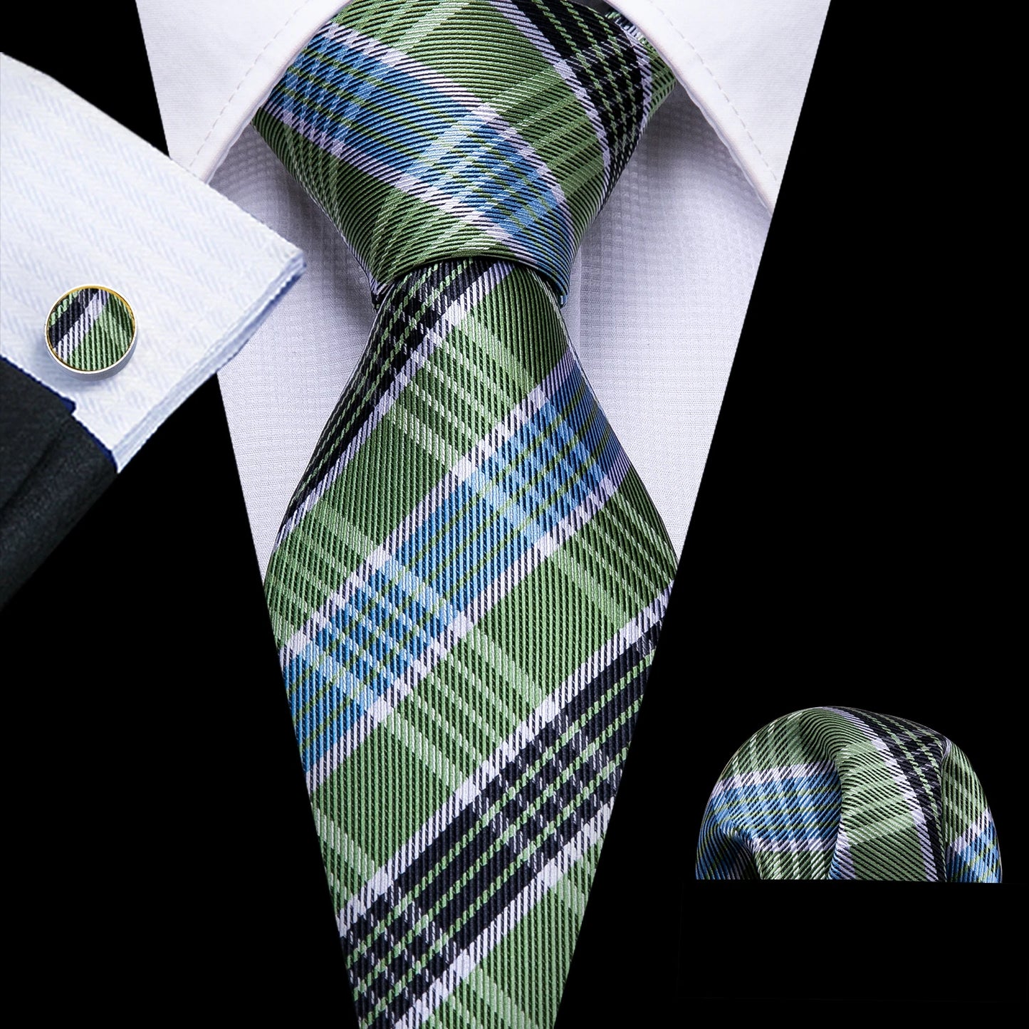Green Men Tie Wedding Silk Solid Necktie Pocket Square Cufflinks Sets New Suit High Quality Party Business Designer